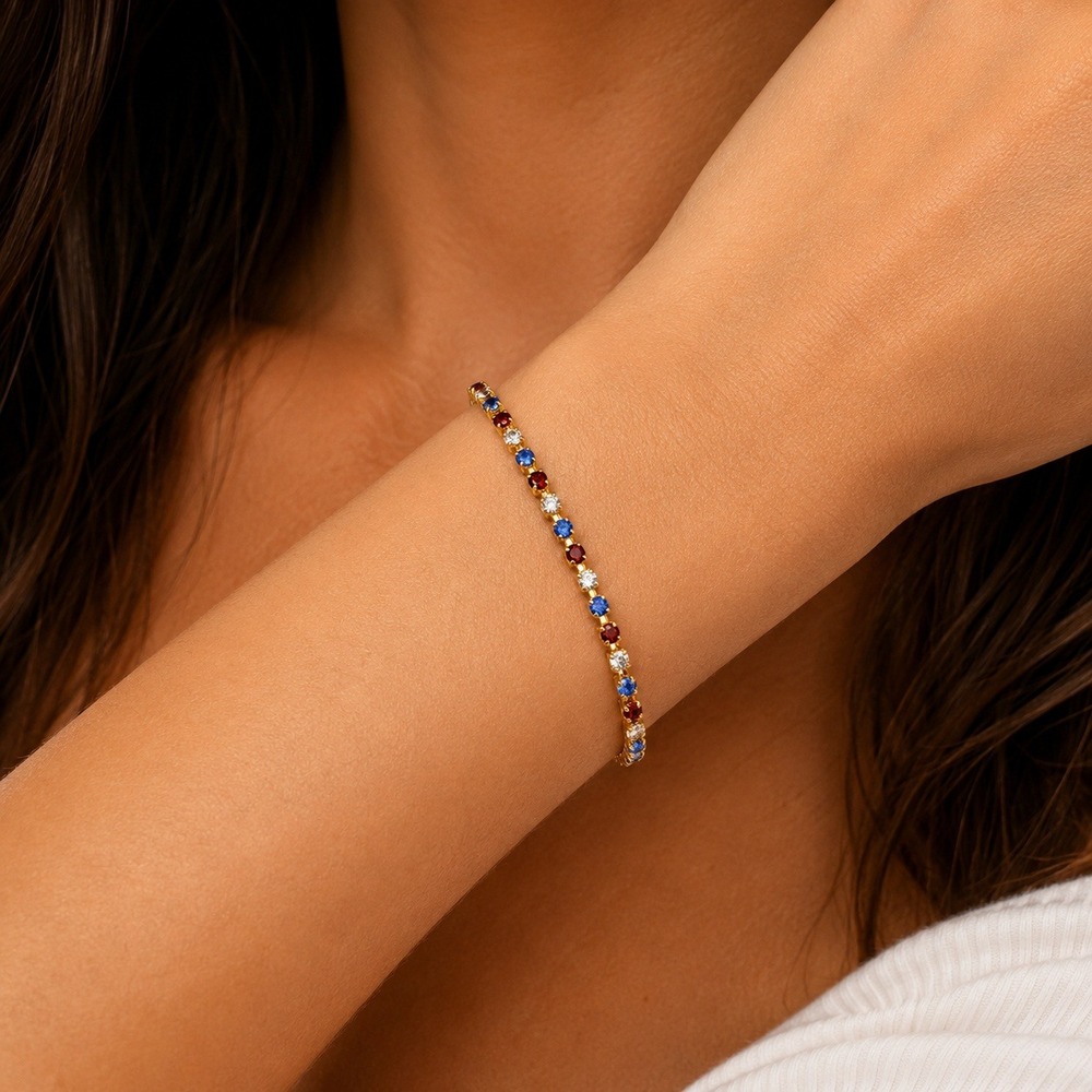 Red White Blue Bracelet Made with Swarovski Crystal Gold Overlay 6.75" Patriotic